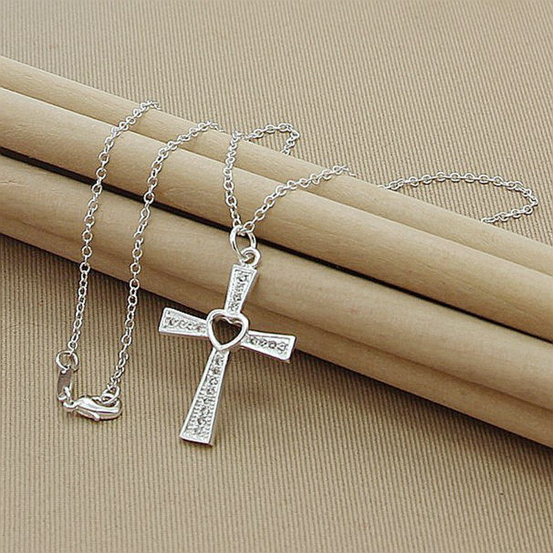 Wholesale Price 925 Sterling Silver Heart Cross Clear CZ Pendant Necklace For Women Birthday Gifts