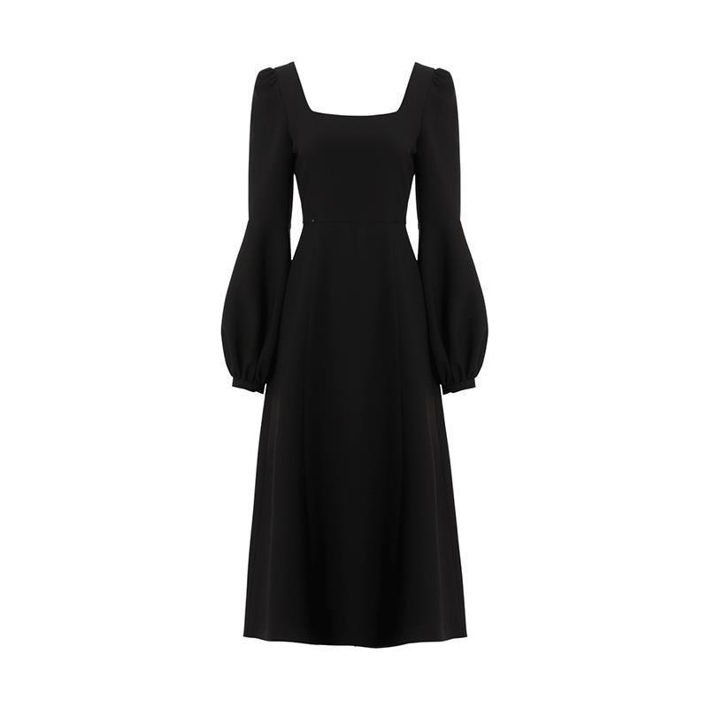 Black Retro Split Dress Women Elegant Midi Designer Dress Female Long Sleeve Hepburn Style Chiffon Vintage Dress Fall 2020 Women