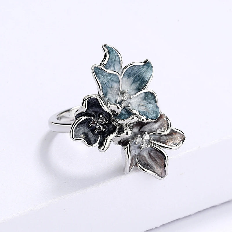 2021 Newest Creative Handmade Epoxy Enamel Blue Flower Ring For Ladies Party Birthday Wedding Jewelry Gift
