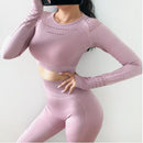 Damen nahtlose Yoga-Sets mit hoher Taille, Gym-Mesh-Leggings, Hemdenanzug, langärmelige Fitness-Workout-Sportlauf-dünne Yoga-Sets