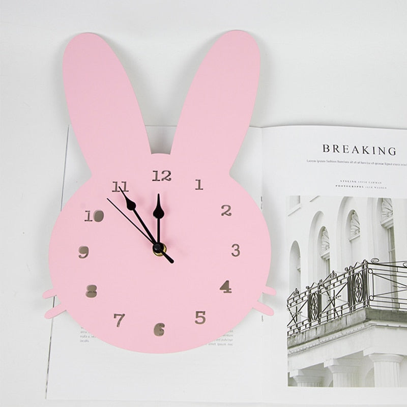 Kids Room Wood Bunny Clock For Baby Boy Girl Room Decoration Nordic Style White Pink Rabbit Wall Clocks Children Room Decor