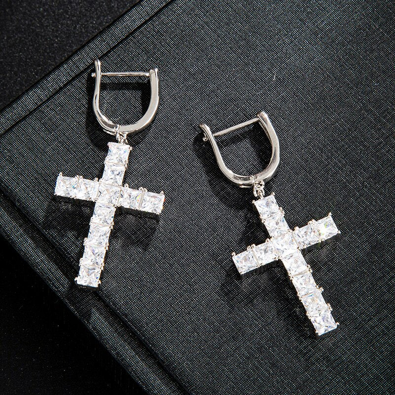 Hip Hop 1Pair Micro Paved Cross Full Bling Iced Out Earring Cubic Zircon Charm Stud Earrings For Men Hip Hop Jewelry