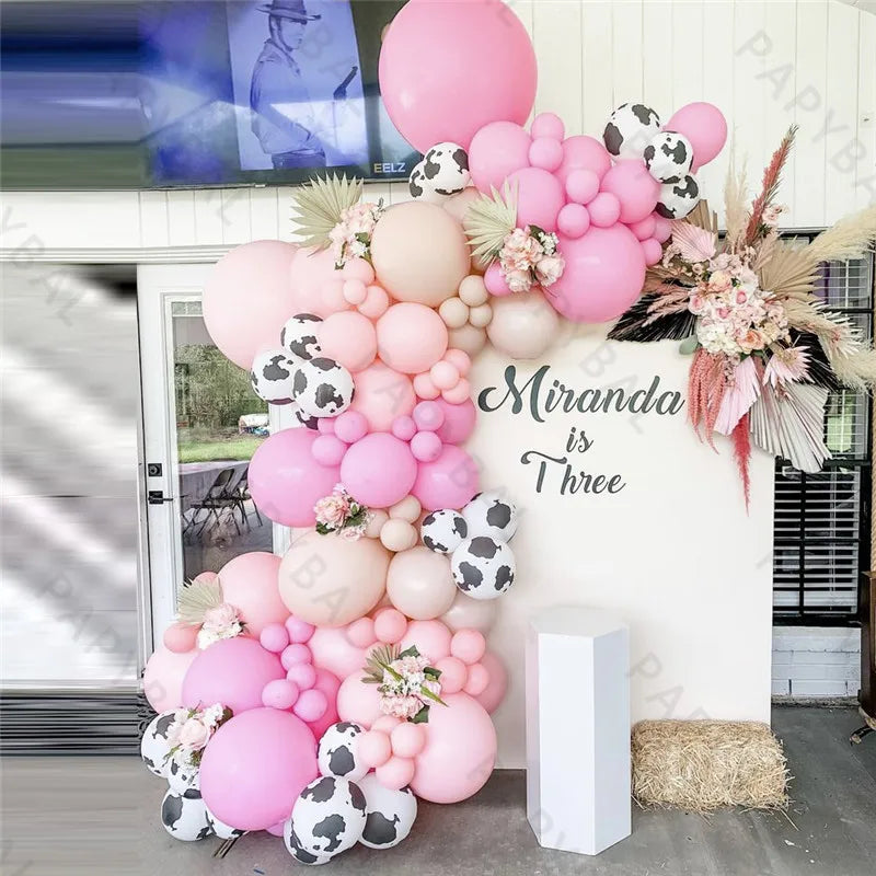 120Pcs Cow Farmland Theme Party Pink Balloon Garland Arch Kit 12inch Cow Printed Balloons for Farm Birthday Party Decor Supplies