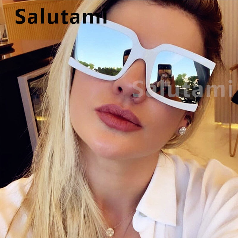 Oversized Square Sunglasses Women White Silver Mirror Rivet Sun Glasses 2020 Brand Men Eyewear Female Vintage Wide Leg Shades