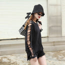 Street-Punk-Mode Damen T-Shirt mit Löchern, Persönlichkeit, Quasten und Taschen, locker geschnitten, gewaschene Baumwolle, Damenbekleidung