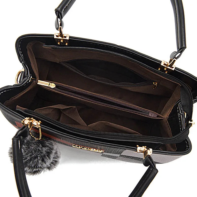 Luxury Plaid Handbag Women Hairball PU Leather Shoulder Bag Large Capacity Crossbody Bag Brand Handle Bag Shopping Lady Tote sac