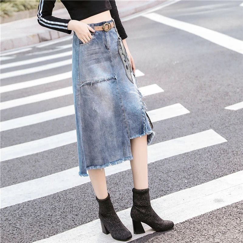 S-5XL Women Denim Skirt Spring Summer 2024 Fashion Casual Medium-long Package hip Irregular hem Slim Waist Skirts Jeans  Female