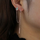 double piercing silver color rose gold clear green rectangle cubic zirconia long chain tassel earring 2020 new