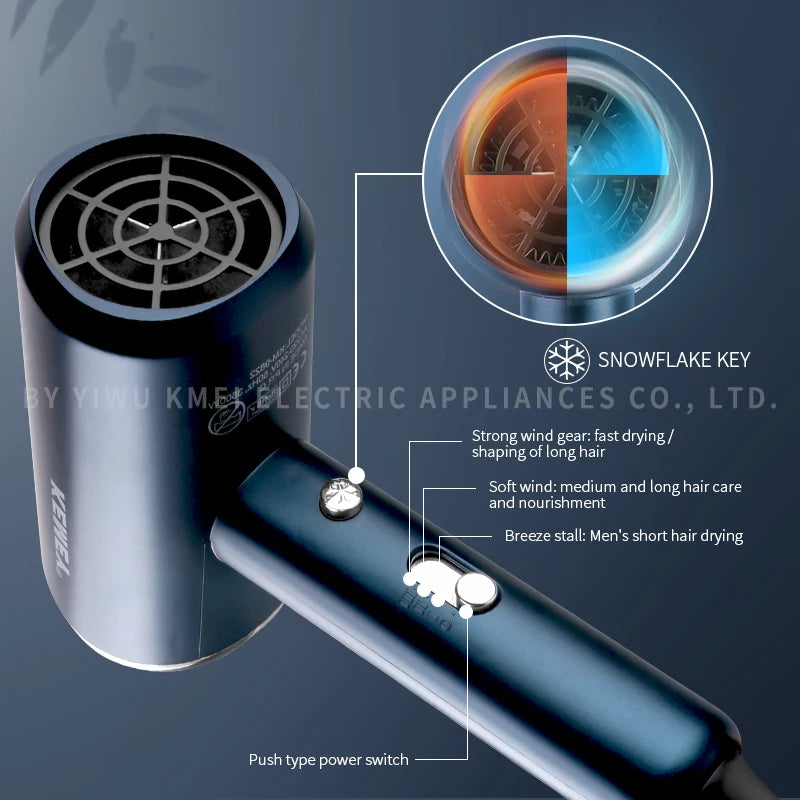 Kemei KM-9822 Constant Temperature Hair Dryer 1800W 60 Degree Multifunctional Professional Salon Blow Dryer Portable 3 Speeds