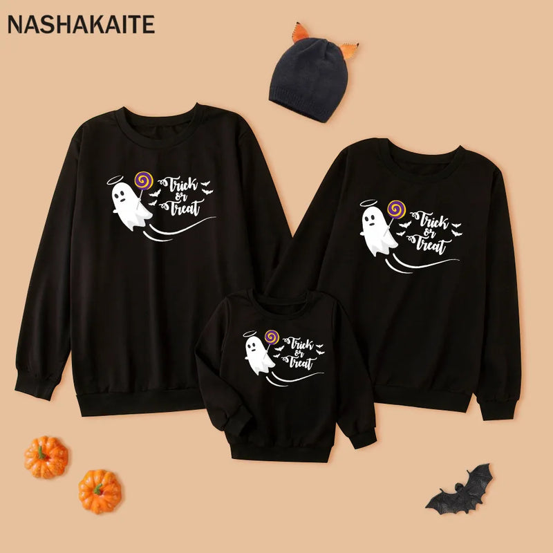 NASHAKAITE Mom And Daughter Equal Halloween Cartoon Ghost Printed Family Sweater Mommy And Me Clothes Family Matching Clothes
