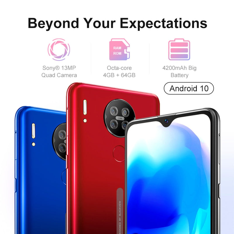 Blackview A80s 4GB+64GB Smartphone 13MP Quad Camera 4200mAh Android 10 Octa Core Face ID 4G Mobile Phone Fingerprint Telephone