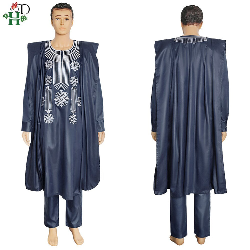 H&amp;D African Suit For Men Robe Shirt Pants Set Long Sleeve Tops Embroidery Agbada Clothes Boubou Africain Homme Traditional Robes