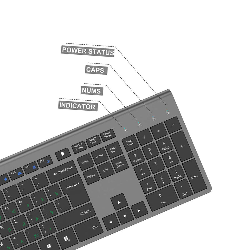 Wireless keyboard mouse , 2.4 gigahertz stable connection rechargeable battery, Full-size Russian layout,Black grey Silver white