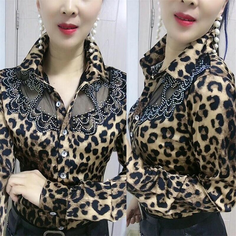 Long-sleeved Female Bottoming Shirts Women's Spring Summer Foreign Hot Drill Lace Stitching Chiffon Shirt Floral Mesh Top Blouse