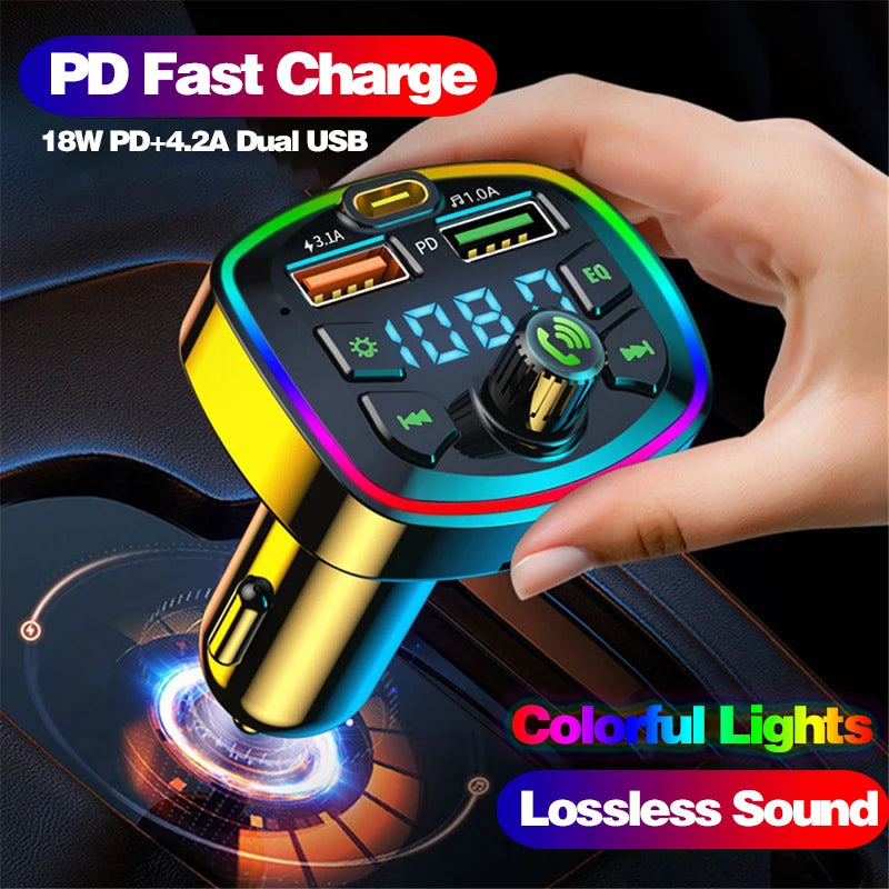 Car Bluetooth 5.0 FM Transmitter PD 18W Type-C Dual USB 4.2A Fast Charger LED Backlit Atmosphere Light MP3 Player Lossless Music