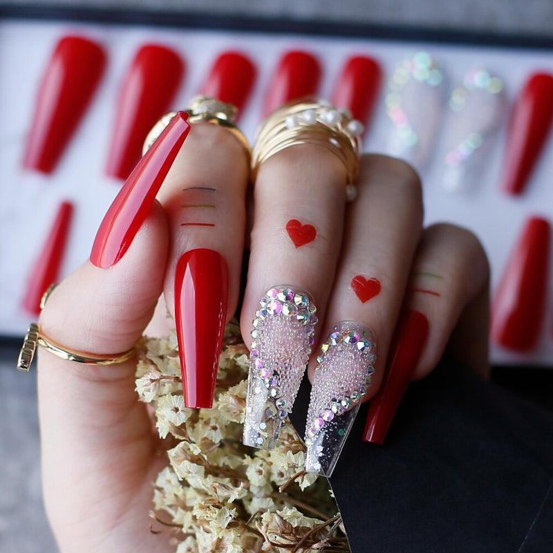 Valentine nails Luxury Coffin Love nails Red Acrylic False nails Logo customization Pink caviar AB Glitter transparent nail gel