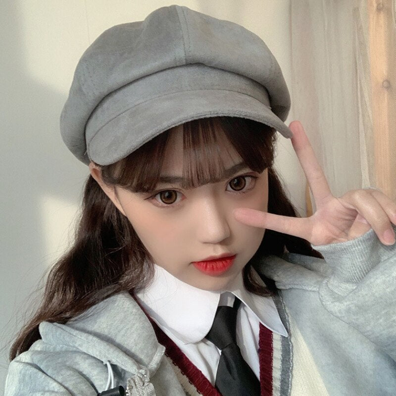 HT2892 Women Hat Retro Octagonal Newsboy Cap Ladies Solid Plain Suede Beret Hat Female Vintage Artist Painter Hat Women Berets