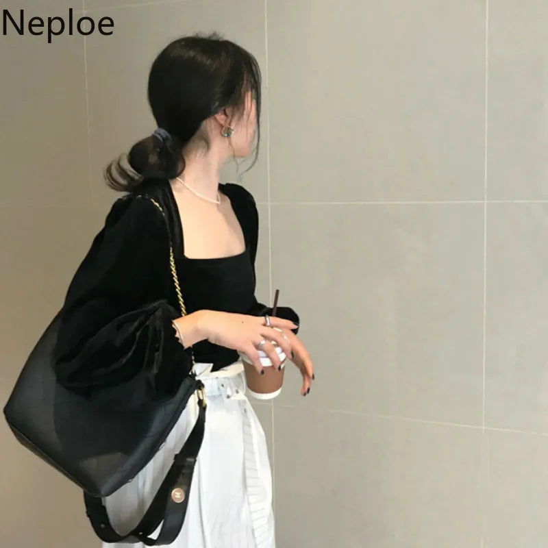 Neploe Retro Gold Velet Square Collar Puff Long Sleeve Short T Shirt Solid Slim Fit Temperament Autumn Spring New Tee 2024