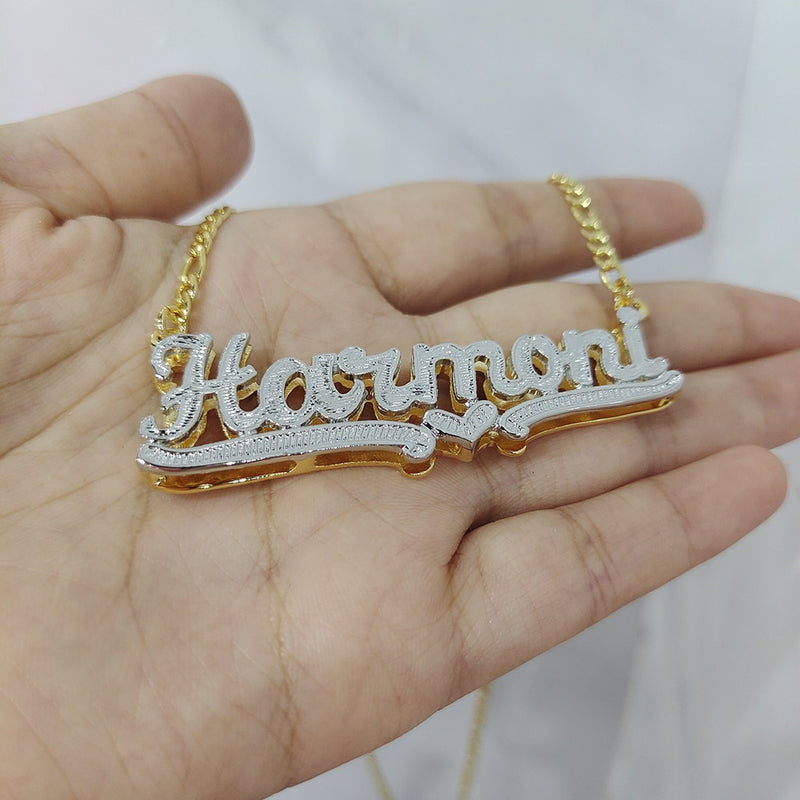 DODOAI Custom Necklace Double Gold plated Nameplate 3D Necklace Personalized Necklaces Choker Women Figaro Chain Name Necklace