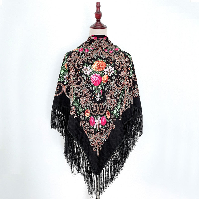 130*130cm Russian National Big Square Scarf For Women Cotton Ethnic Style Print Head Scarves Ladies Retro Fringed Blanket Shawl