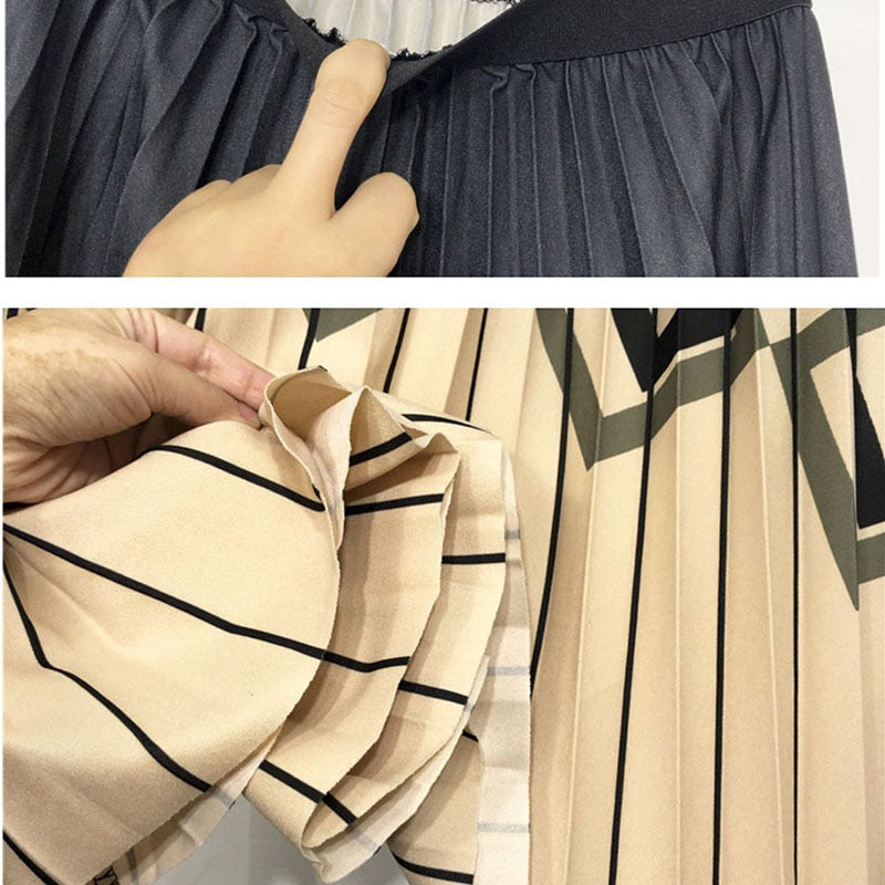 Geometric Striped Skirts For Women 2022 Summer OL Black Pleated Skirt Casual A-Line Patchwork Print Midi Skirt Autumn Winter New