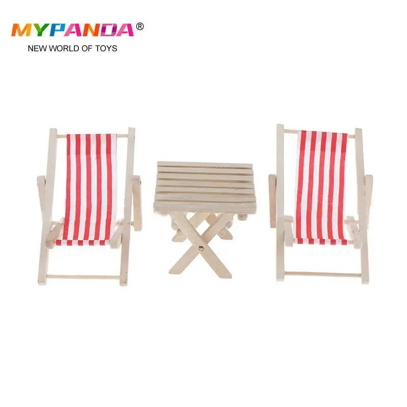 1:12 Mini Foldable Striped Wooded Beach Chair Recliner Sunbathing Chair Chaise Lounge Chair Dollhouse Furniture