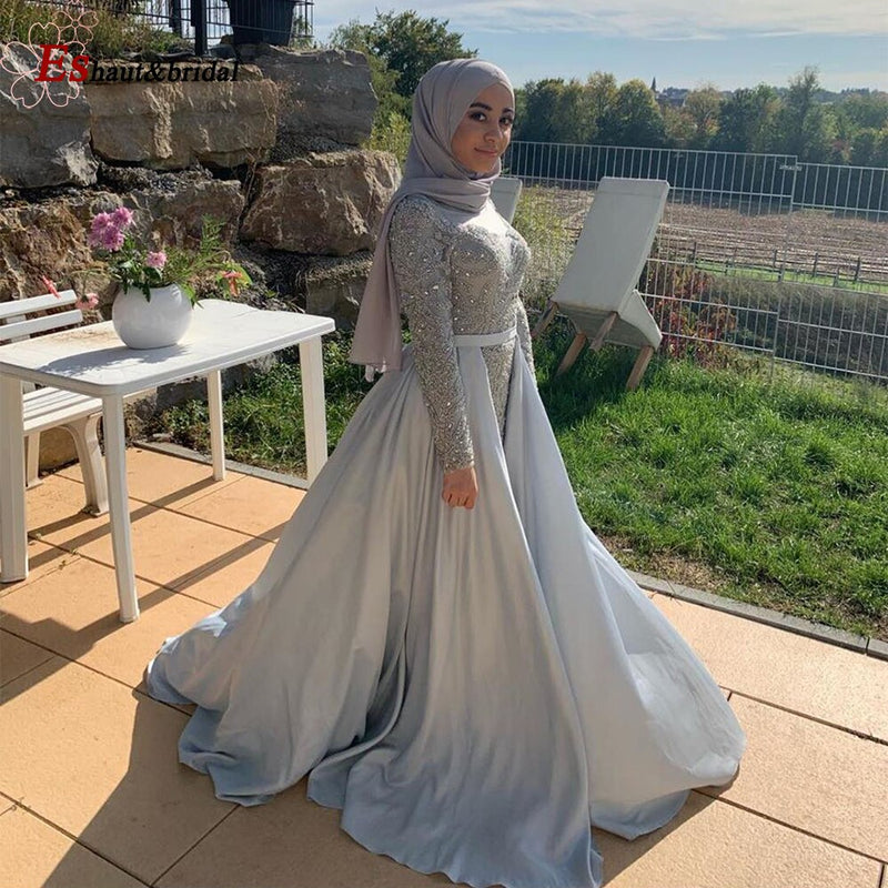 Elegant Mermaid Evening Night Dress for Women 2023 Muslim O Neck Long Sleeves Beads Sequin Formal Prom Wedding Party Gowns
