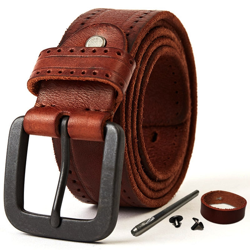 MEDYLA Natural Leather Belt Men&#39;s Hard Metal Matte Buckle Men&#39;s Original Leather Belt 105-150cm Jeans Belt Screw Accessories