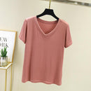 chic casual  Cotton T Shirt Ribbed Short Sleeve Women Summer Basic v-neck T shirt Loose Candy Color T-shirt Tee Female