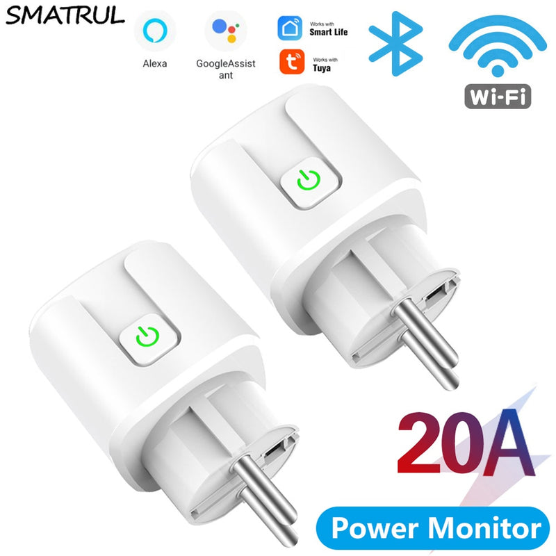 SMATRUL 20A Tuya WiFi EU Smart Plug Outlet 220V Power Monitor Wireless Socket Remote Timer Control For Google Home Alexa