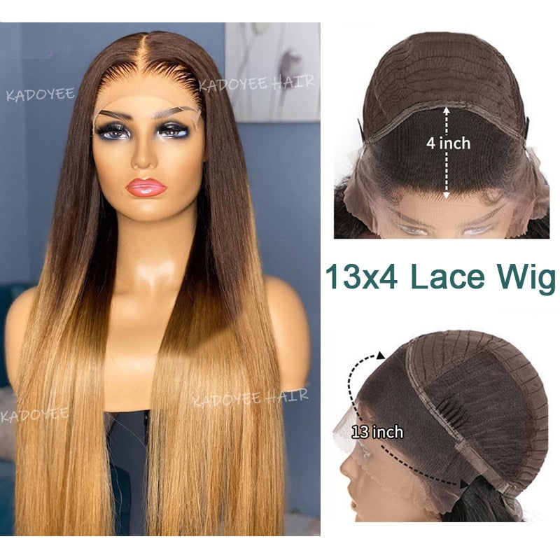 Brazilian 2/27 Ombre Human Hair Straight Lace Wigs For Women Brown Blonde 13x4 Lace Front Wigs Human Hair T Part Lace Wigs Remy