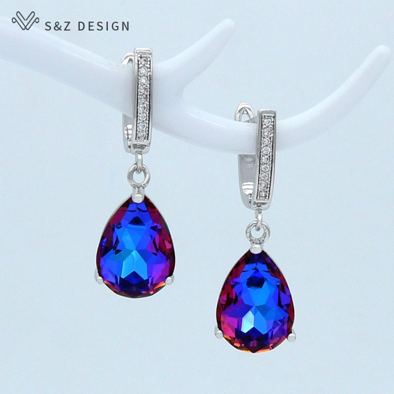 S&amp;Z DESIGN Korean Fashion Luxury Water Drop Crystal 585 Rose Gold Dangle Earrings For Women Wedding Engagement Elegant Jewelry