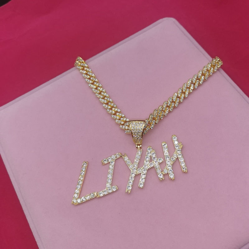 Custom Name Necklace  with 9MM Zircon Cuban Chain for Women Men Sharp Bubble Letter Pendant Hip Hop Jewelry