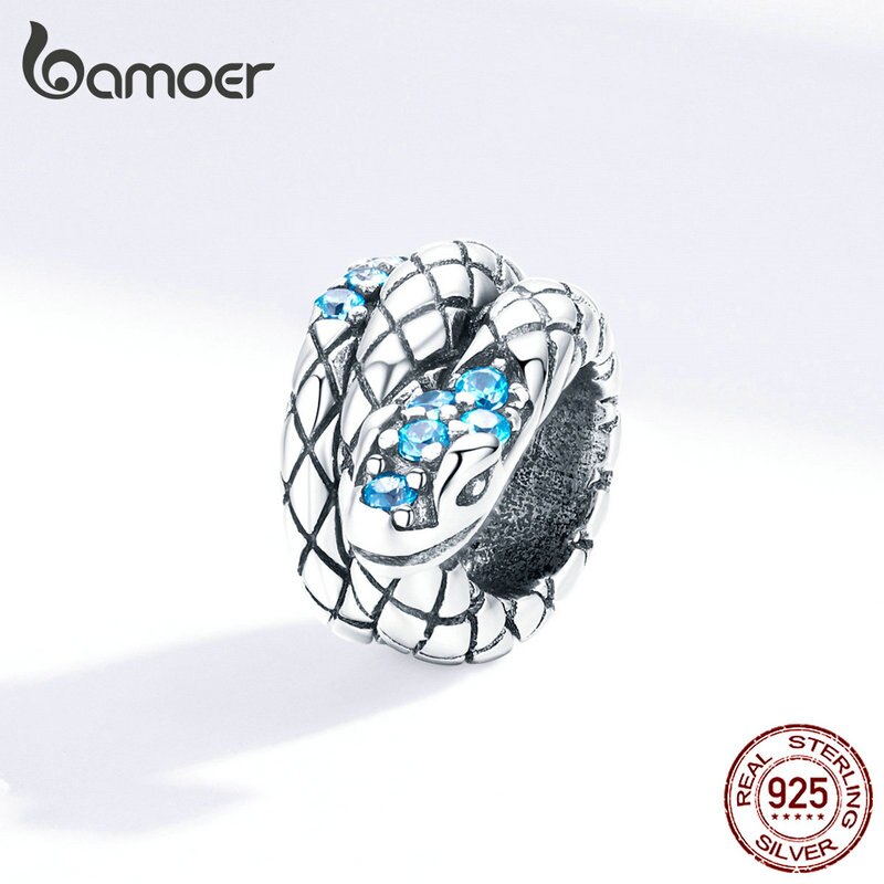 bamoer Genuine 925 Sterling Silver Jewelry Snake Charm for 3mm Snake Bracelet Retro Style Metal Bead Fine Jewelry SCC1351