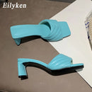 Eilyken Fashion Elegant Slippers Womens High Quality Solid Cozy PU Leather Square Toe Sandals Femme Low Heel Party Dress Shoes