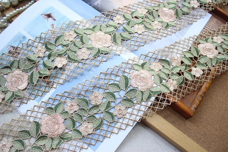 10CM Wide Elegant Green Cotton Polyester Venise Lace 3d Rose Flowers Embroidery Ribbon Garment Home Curtains Sewing Dress Decor