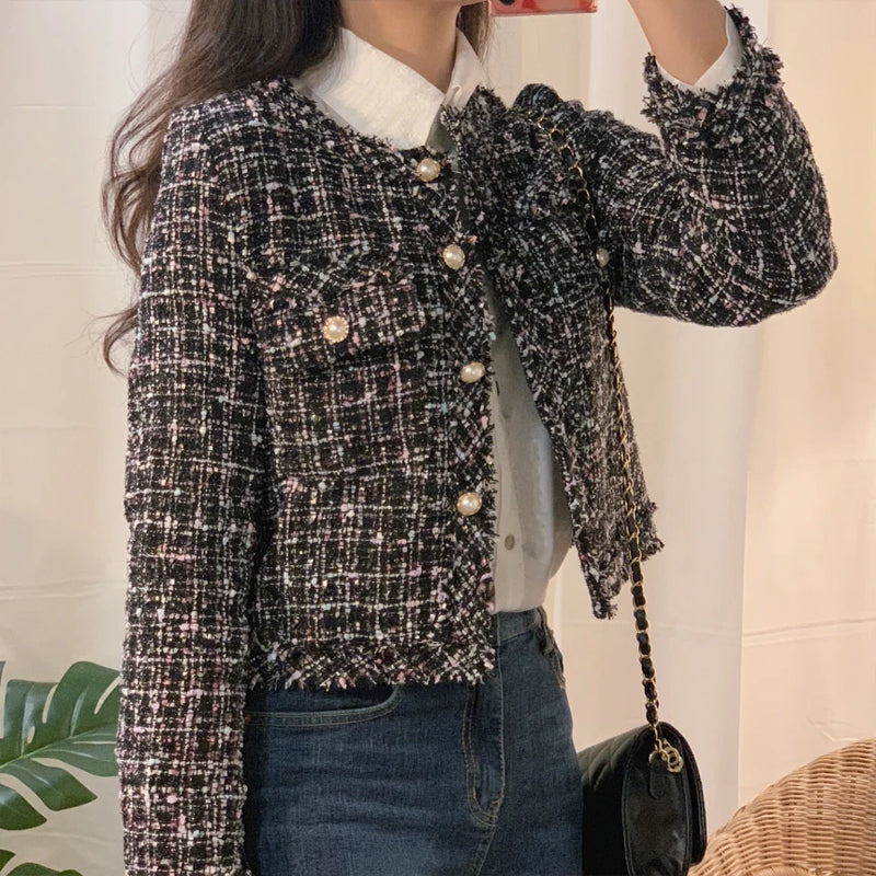 SMTHMA 2022 New Autumn Women Single-Breasted Tweed Jacket High Quality Female Elegant Korean Chic Short Coat