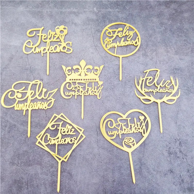 Golden Acrylic Happy Birthday Cake Topper Spanish language Birthday Party Cake Toppers For Kids holiday gifts Dessert Decoration