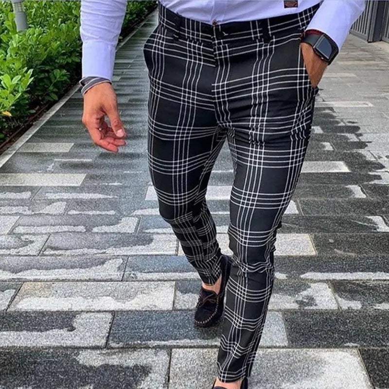 2021 Men's Large Plaid Stripe Casual Pants Social Slim Fit Black Trousers Zipper Mid Waist Skinny Business Male Spring Stretchy