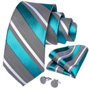 Gift Men Tie Teal Blue White Striped Silk wedding Tie For Men DiBanGu Designer Hanky Cufflink Quality Men Tie Set Business 7339