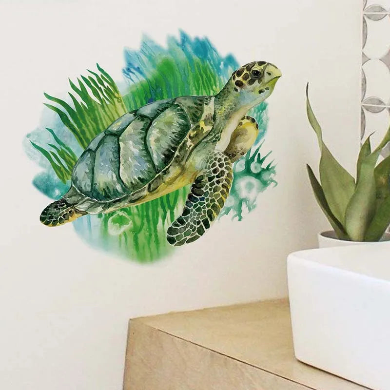 Seaweed Sea Turtle Wall Sticker Bathroom Living Room Background Decorations Wallpaper Creative Animals Self Adhesive Stickers