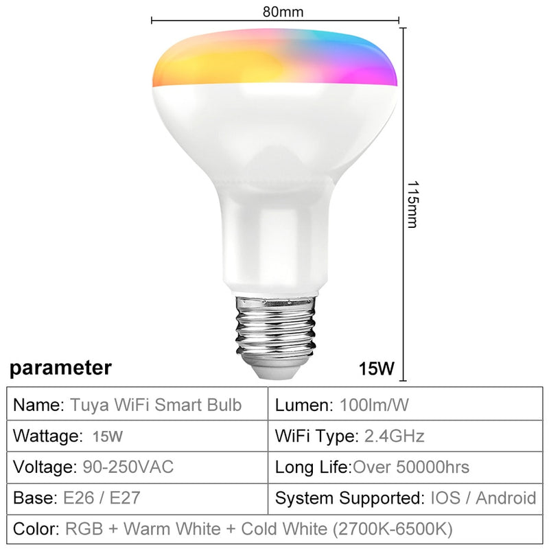 Tuya Smart LED Bulb E27 15W WiFi Light Dimmable RGB + Warm + White Work with Alexa Google Home Smart Life APP Voice Control