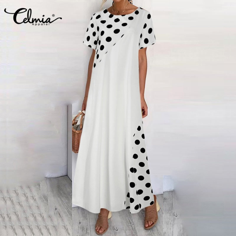 Women Party Summer Long Dress 2023 Celmia Polka Dot Print Maxi Sundress Bohemian Short Sleeve Casual Loose Vestidos O-neck Robe