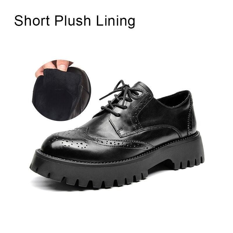 BeauToday Brogue Shoes Women Genuine Cow Leather Wintip Round Toe Cross-Tied Thick Sole Ladies Derby Shoes Handmade 21839
