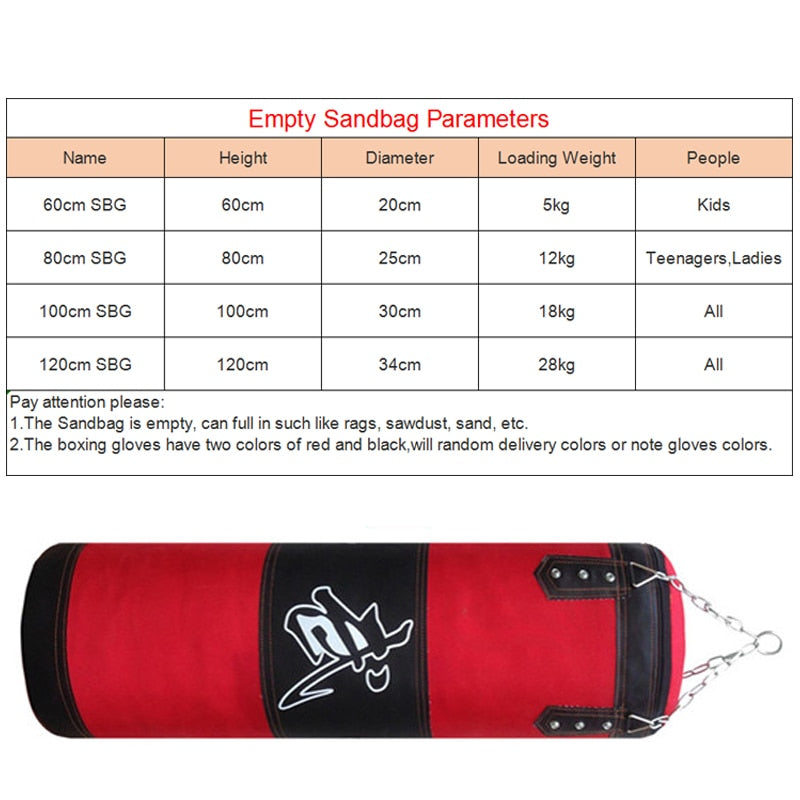 60cm 80cm 100cm 120cm Empty Boxing Punching Bag Hanging Kick Sandbag Boxing Training Fight Karate Sandbag with Glove Wrist Guard