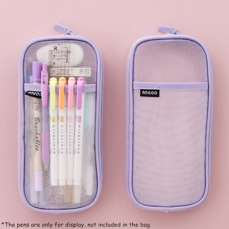 1pcs Angoo Transparent Mesh Pencil Case Pen Bag High Quality Ice Cream Color Storage Pouch Organizer for Stationery School A6452