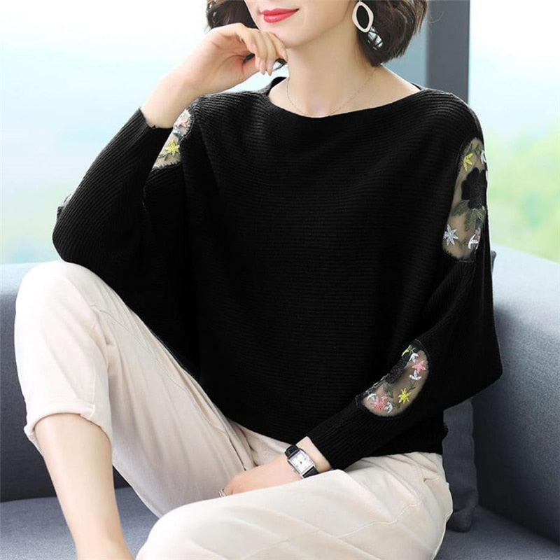 Flower Embroidery Batwing Sleeve O-Neck Spring Sweaters Women Casual Loose Knitted Pullovers  Large Size Knitwear Tops Female