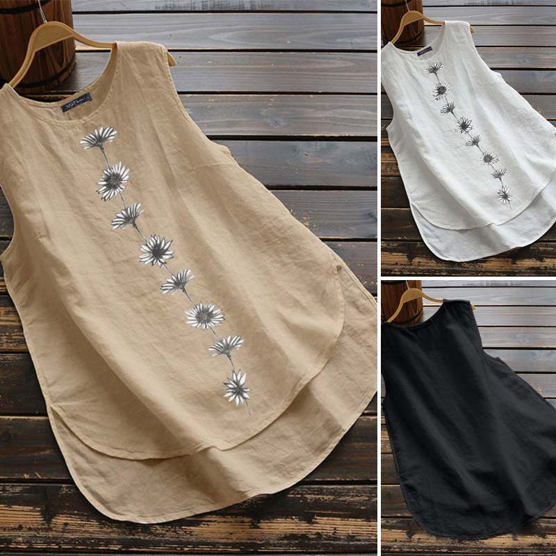 ZANZEA Vintage Sleeveless Blouse Women Floral Printed Tanks Tops Summer Shirt Female Loose Vests Robe Casual Cotton Linen Blusas