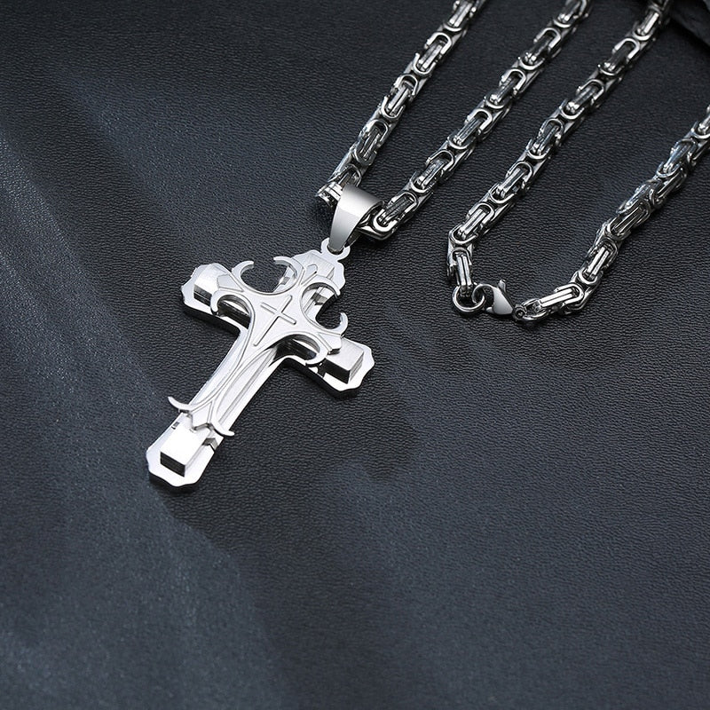 Vnox Cross Necklace For Men Byzantine Gold Color Stainless Steel Chain Catholic Crucifix Pendant Male Punk Rock Ornaments