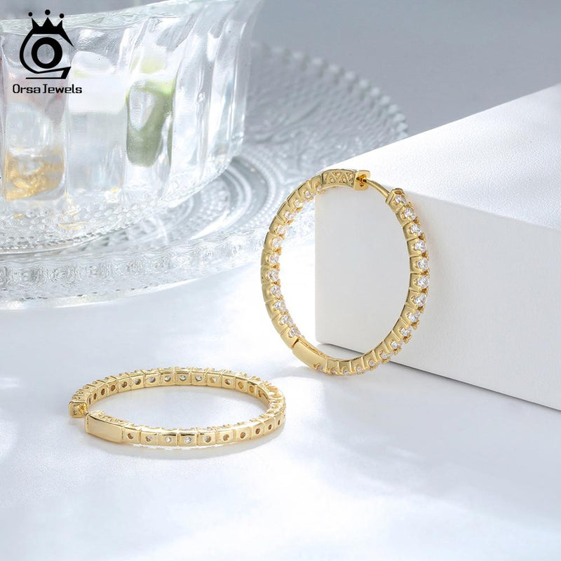 ORSA JEWELS 2019 Silver Color High Polished Hoop Earrings Paved with AAA Austrian Cubic Zirconia for Wedding Party Jewelry OE137